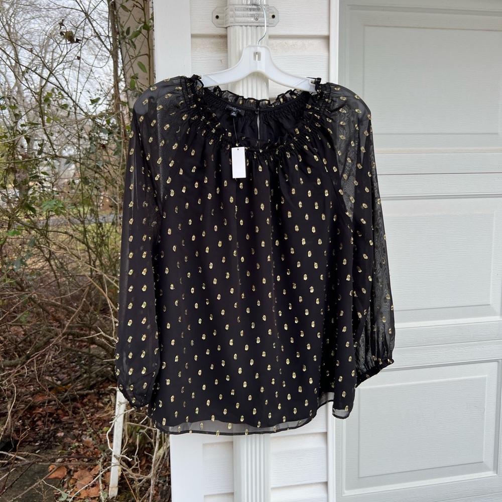 NWT Talbots Shimmering Black Gold  Dot Ruffle Neck Lined Bodice Blouse